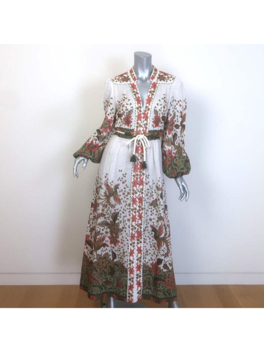 Zimmermann Empire Batik Belted Maxi Dress Cream Floral Print Linen Size 2